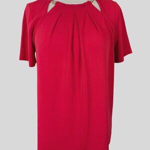 Michael Kors Red Pleated Cut-Out Blouse Gold Chain Accents SS Scoop Neck Med